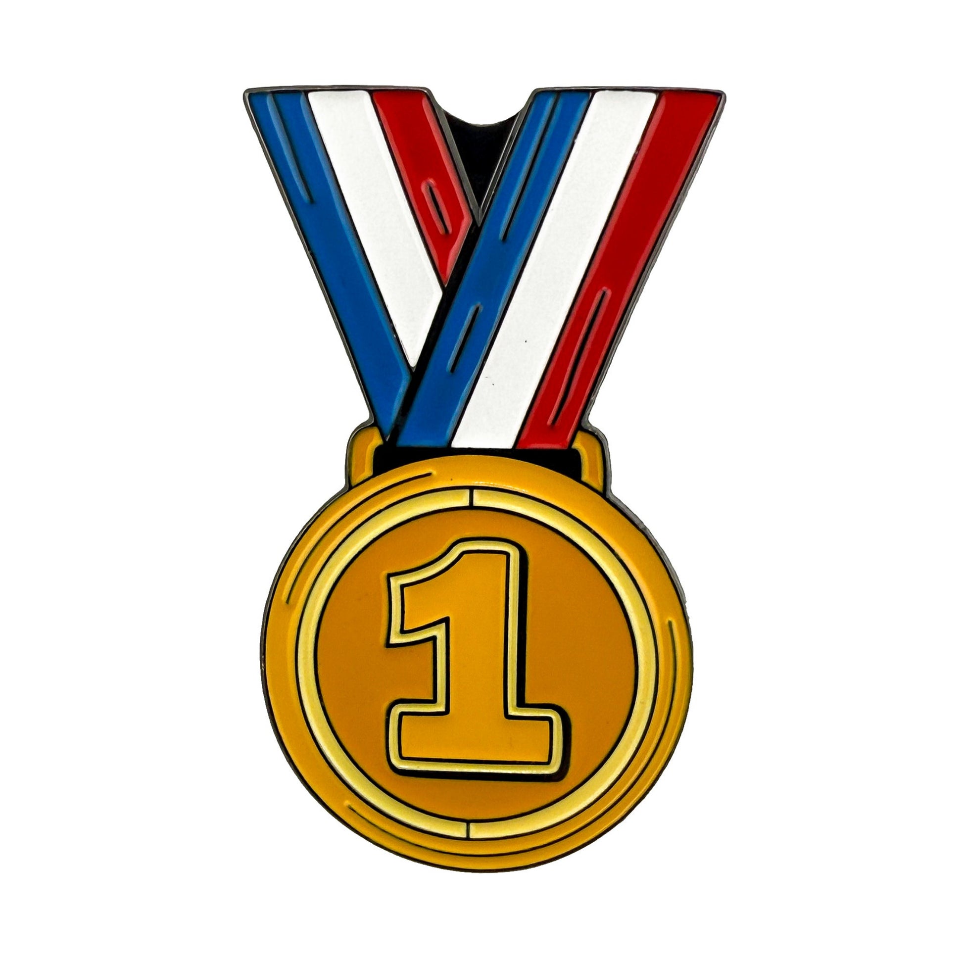 The Gold Medal Ball Marker by Ballmarkers.com features a number 1 design and comes with a red, white, and blue striped ribbon—ideal for any Winter Games fan or Team USA collection.