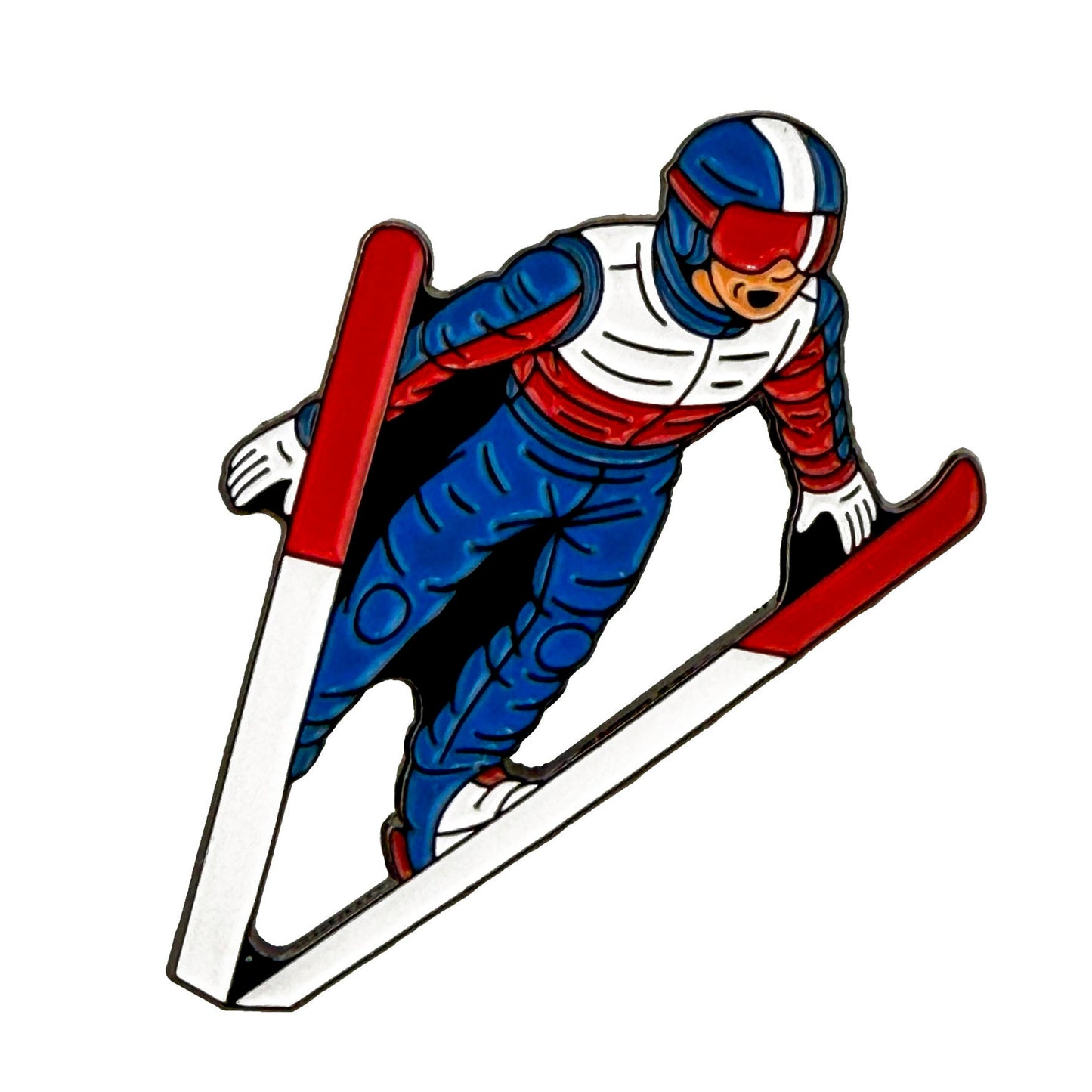 The Ski Jumping Ball Marker by Ballmarkers.com features a Team USA ski jumper in mid-air, dressed in a blue, red, and white suit with helmet and goggles, skis forming a V-shape against a crisp white background.