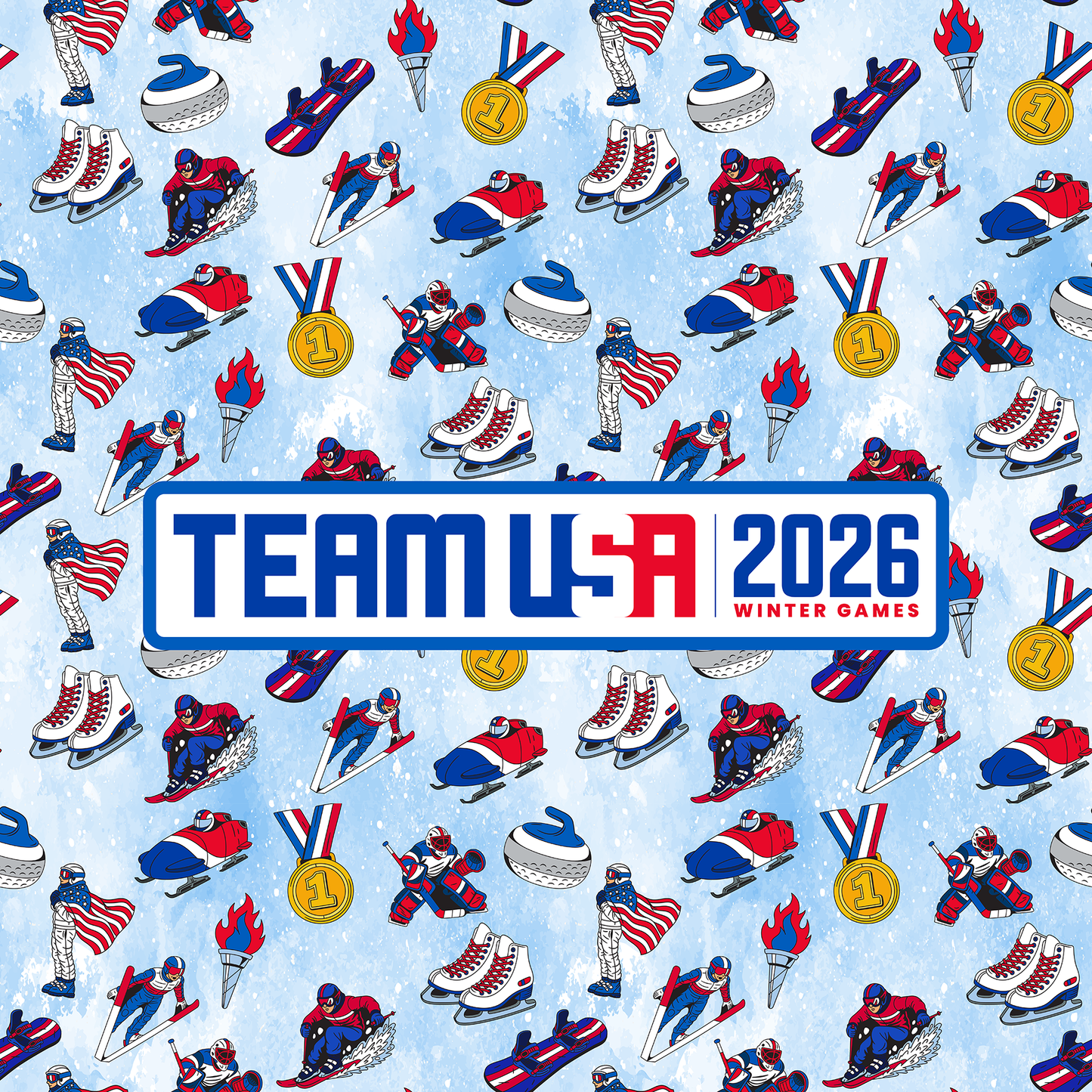Patterned with winter sports athletes, medals, flags, skates, pucks, torches, and golf gear. Centered is a bold blue, red & white “TEAM USA 2026 WINTER GAMES” logo—perfect for the Ballmarkers.com Team USA Ball Marker Bundle - A.