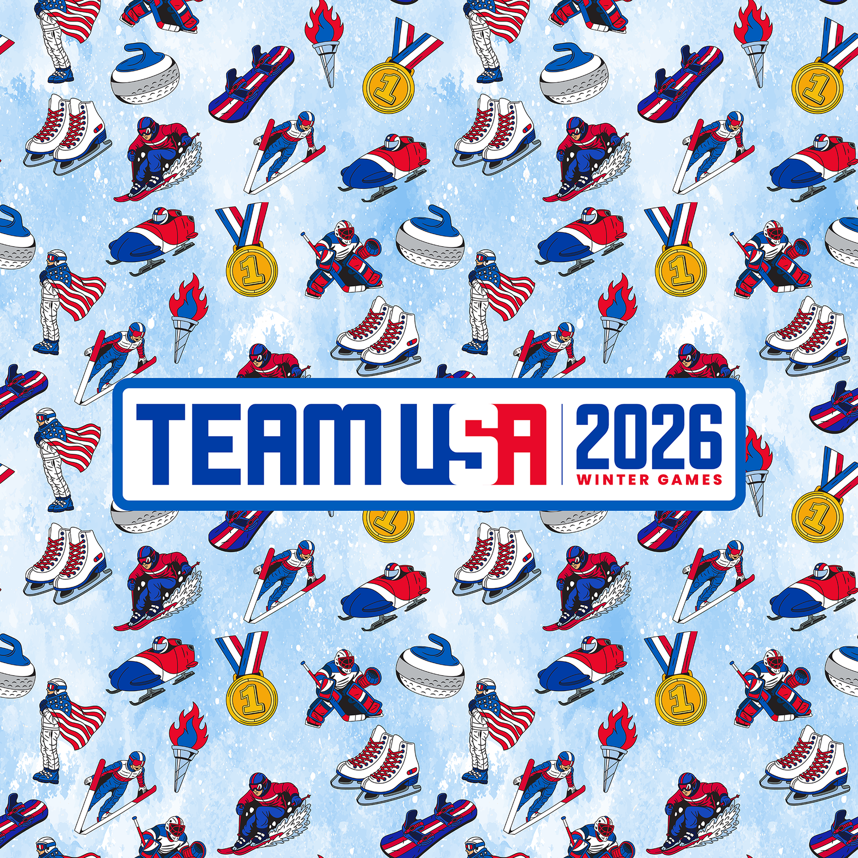 Patterned with winter sports athletes, medals, flags, skates, pucks, torches, and golf gear. Centered is a bold blue, red & white “TEAM USA 2026 WINTER GAMES” logo—perfect for the Ballmarkers.com Team USA Ball Marker Bundle - A.
