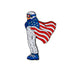A person in white, blue-accented gear stands with an American flag draped over their shoulders, helmet on—like a proud Team USA athlete—showcasing the We Are The Champion Ball Marker by Ballmarkers.com against a plain white background.