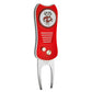 The Switchfix ACC College Switchfix Divot Tool with Ball Marker has a red grip, cartoon badger sweater logo, two metal buttons, a forked end for divot repair, and a switchblade mechanism revealing a magnetic ball marker.