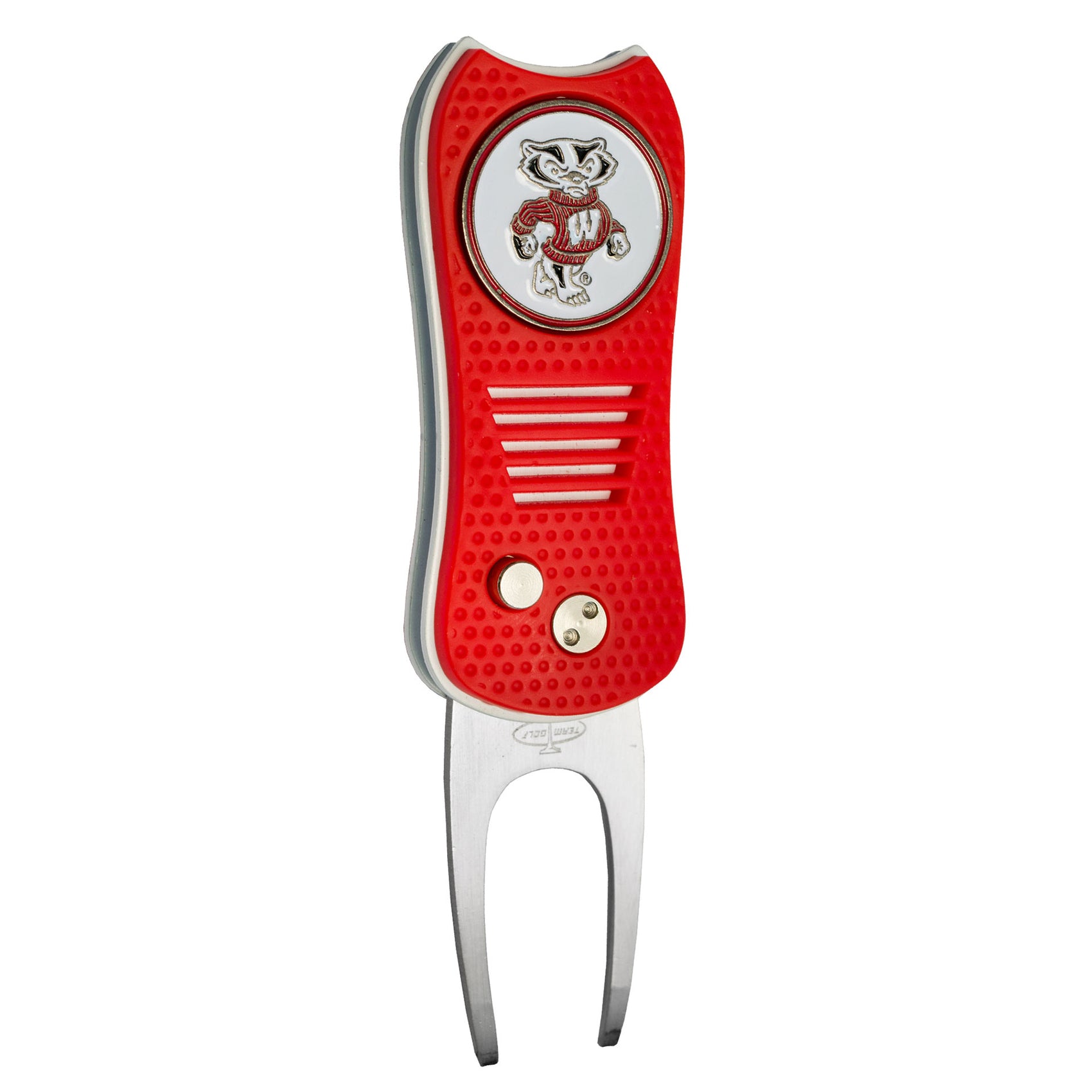 The Switchfix ACC College Switchfix Divot Tool with Ball Marker has a red grip, cartoon badger sweater logo, two metal buttons, a forked end for divot repair, and a switchblade mechanism revealing a magnetic ball marker.