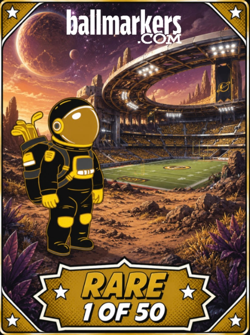 An illustrated astronaut with a golf bag stands on alien terrain near a futuristic stadium under two moons, showcasing the Astronaut Walker Mystery Blind Bag by Ballmarkers.com. The phrases ballmarkers.com and RARE 1 OF 50 are displayed prominently.