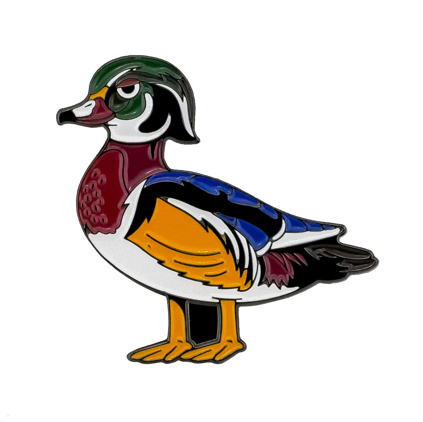 The Wood Duck Ball Marker from Ballmarkers.com features a cartoon-style enamel illustration of a wood duck with a green head, white markings, red eyes, and blue, yellow, and brown feathers in a smooth finish.