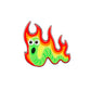 The Worm Burner by Logie Joe's Golf features a cartoon green worm with a surprised face amid red and orange flames—a unique ball marker that adds playful flair to your premium golf accessories.