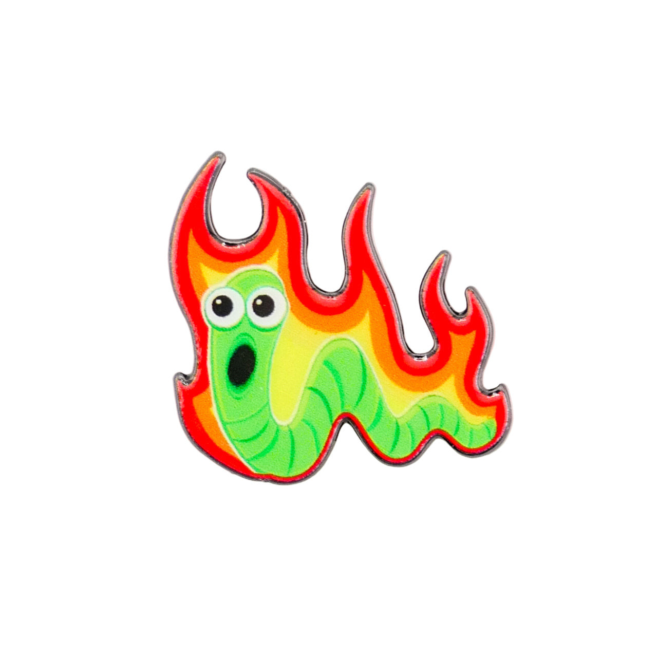 The Worm Burner by Logie Joe's Golf features a cartoon green worm with a surprised face amid red and orange flames—a unique ball marker that adds playful flair to your premium golf accessories.