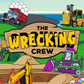 Cartoon trucks and construction vehicles surround a wooden sign reading "The Wrecking Crew" on Ballmarkers.com's The Wrecking Crew Ball Marker Bundle - A, featuring a dump truck, forklift with beer kegs, bulldozer, and excavator.