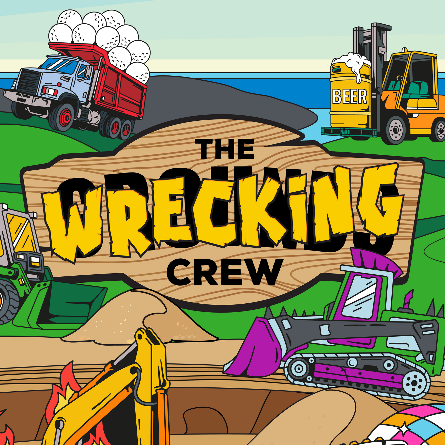 Cartoon trucks and construction vehicles surround a wooden sign reading "The Wrecking Crew" on Ballmarkers.com's The Wrecking Crew Ball Marker Bundle - A, featuring a dump truck, forklift with beer kegs, bulldozer, and excavator.