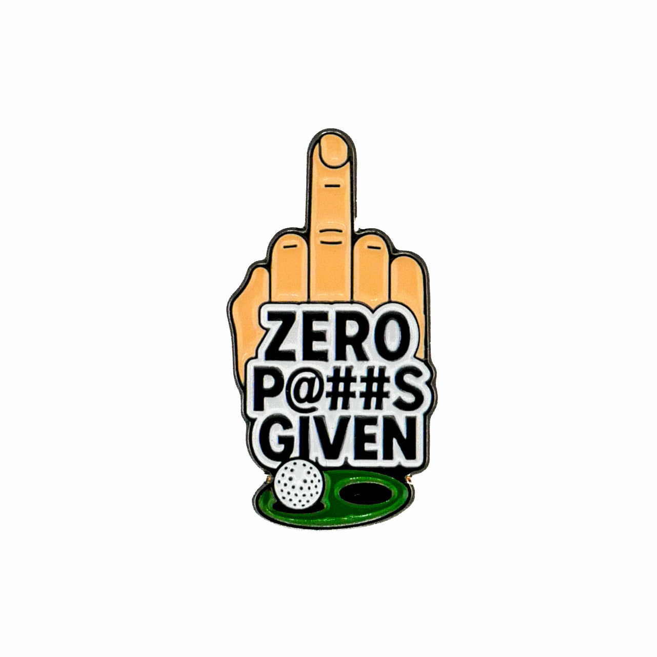Add some humor to your golf gear with Logie Joe's Golf "Zero Putts Given" pin—featuring a hand flipping the bird and a golf ball near the hole. A funny, bold accessory for any golfer!.