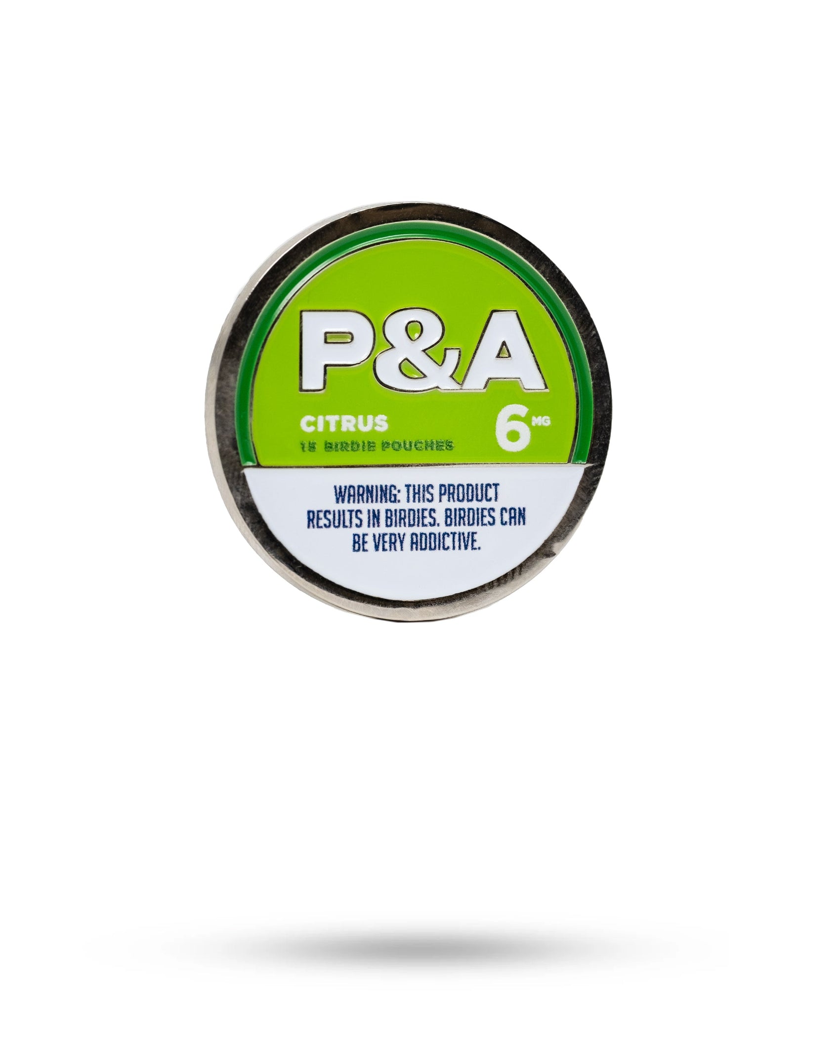 Round tin labeled "Pins and Aces 6 Milly - Citrus Ball Marker" in green and white. Caution: This product leads to birdies—they can be very addictive! The tin’s magnetic lid securely holds your favorite ball markers.
