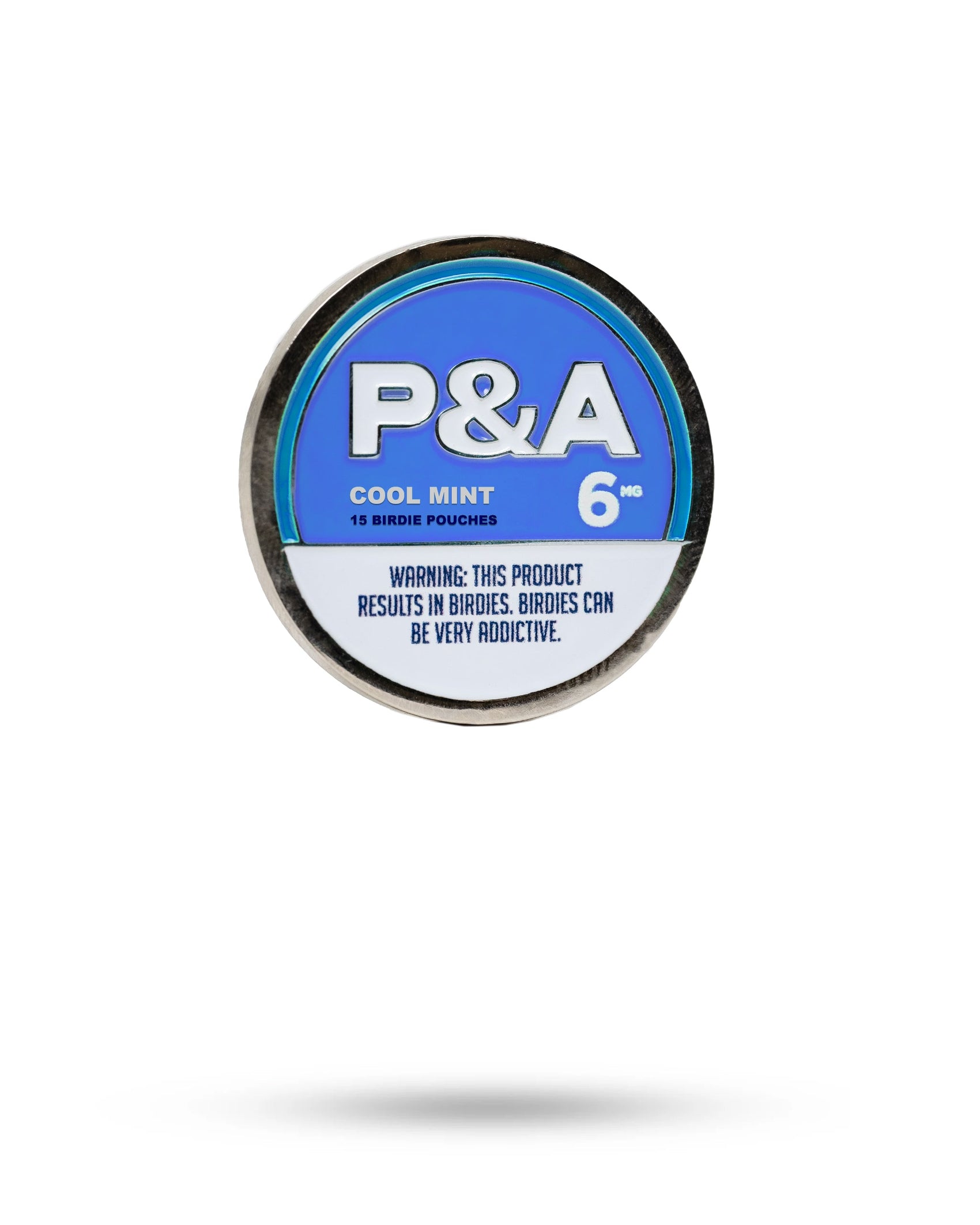 A blue and white enamel-painted round tin labeled Pins and Aces 6 Milly - Cool Mint Ball Marker floats above a shadow. It features 15 Birdie Pouches inside and a warning: This product results in birdies, which can be very addictive.