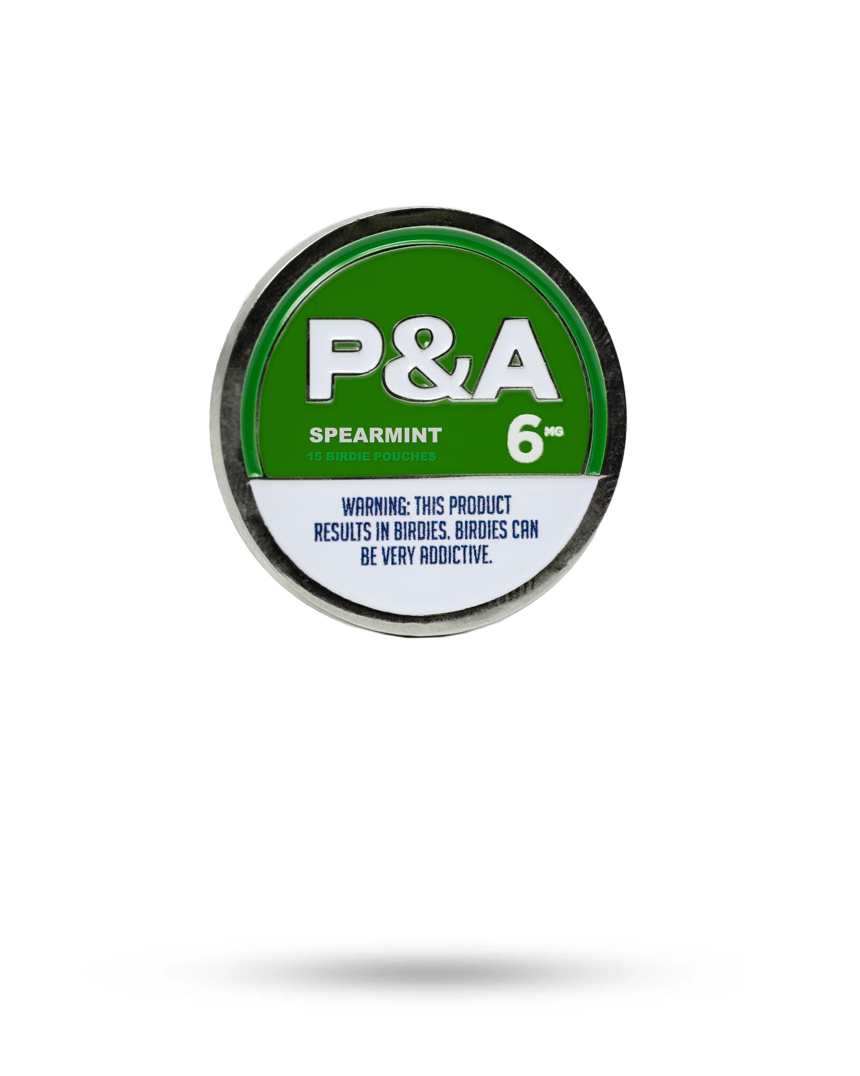 A round Pins and Aces 6 Milly - Spearmint Ball Marker tin with a green and white design sits beside a magnetic ball marker. The label warns, “This product results in birdies. Birdies can be very addictive.”.