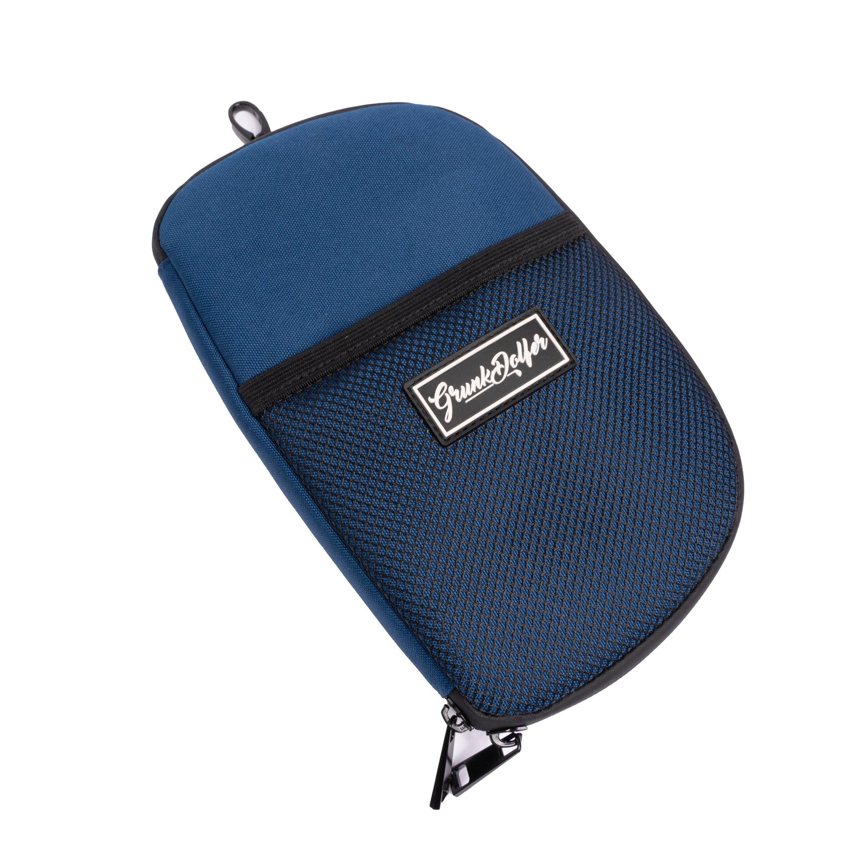 The Grunk Dolfer Grunk Accessory Bag is a blue pouch with a black zipper, mesh front pocket, rectangular label, and top loop for hanging. Ideal as a golf purse for storing tees or small accessories.