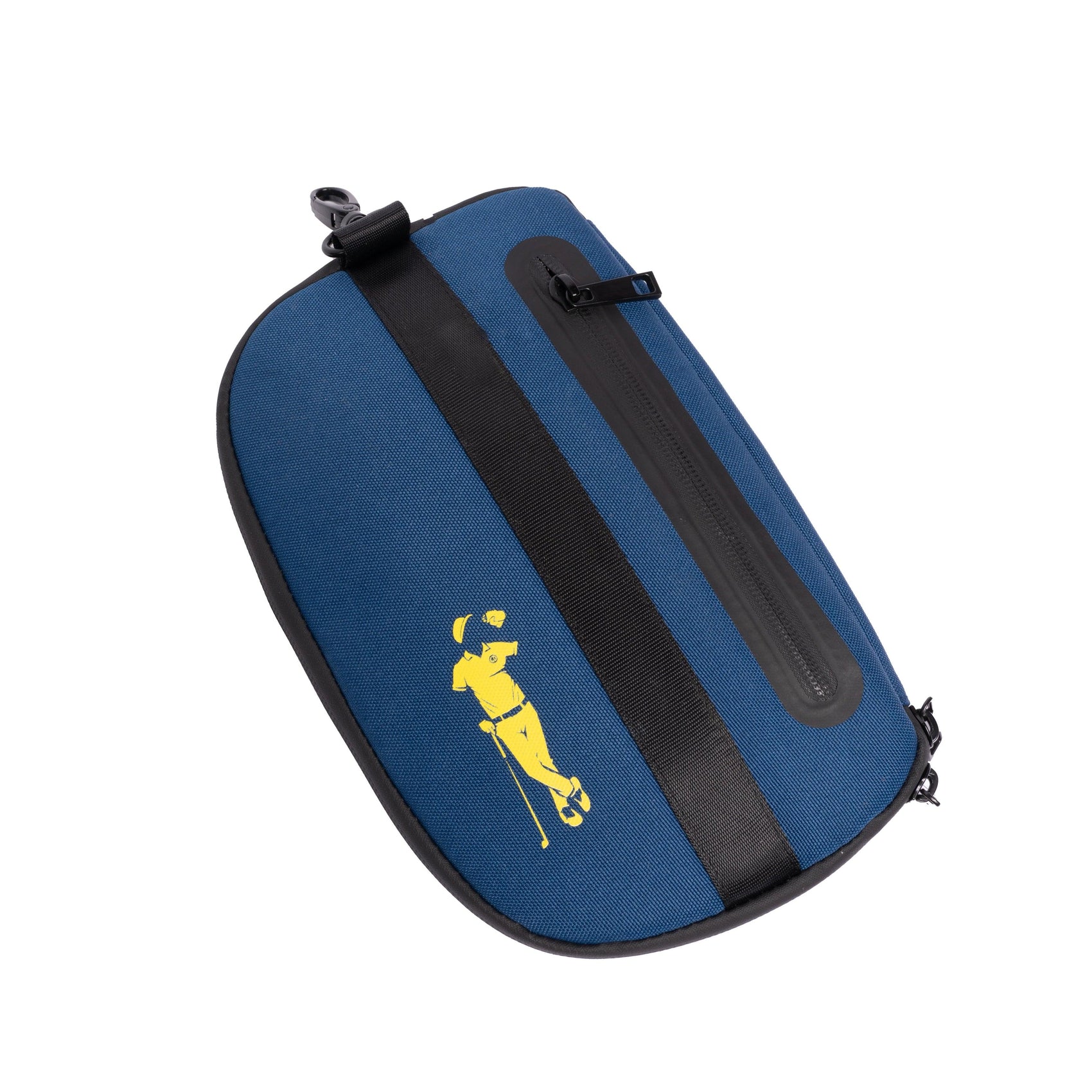 The Grunk Dolfer Grunk Accessory Bag is a blue zippered pouch with a black stripe, black trim, and a yellow golfer graphic—ideal for carrying small golf gear or your favorite Grunk koozie.
