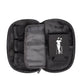 The Grunk Dolfer Grunk Accessory Bag is an open black zippered case with mesh pockets, holding three rolled items and a koozie featuring a golfer illustration—ideal for storing your golf accessories.