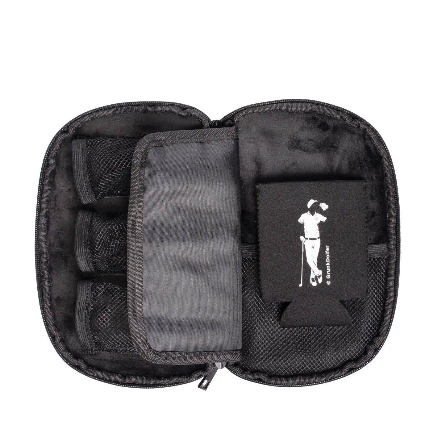 The Grunk Dolfer Grunk Accessory Bag is an open black zippered case with mesh pockets, holding three rolled items and a koozie featuring a golfer illustration—ideal for storing your golf accessories.