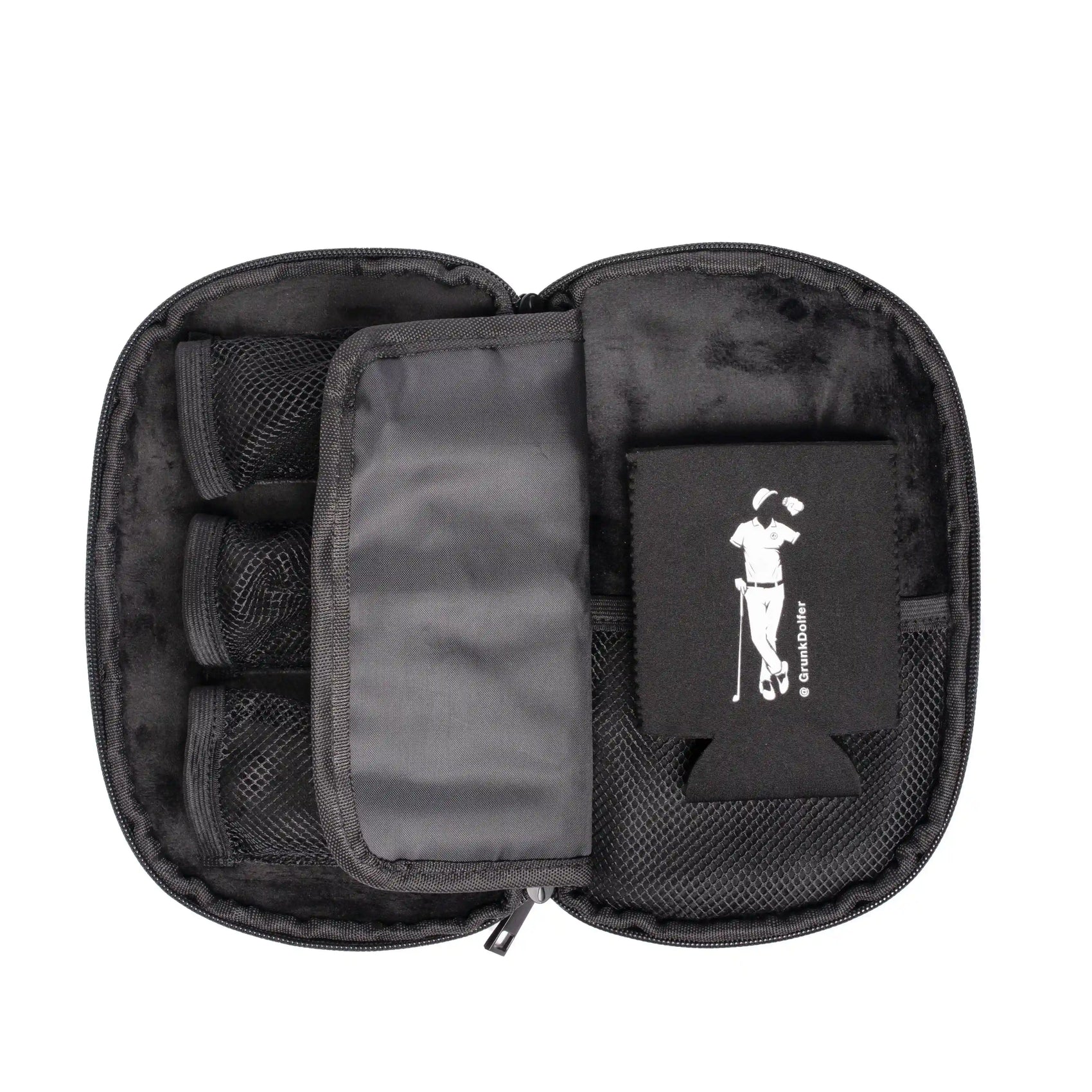 The Grunk Dolfer Grunk Accessory Bag is an open black zippered case with mesh pockets, holding three rolled items and a koozie featuring a golfer illustration—ideal for storing your golf accessories.