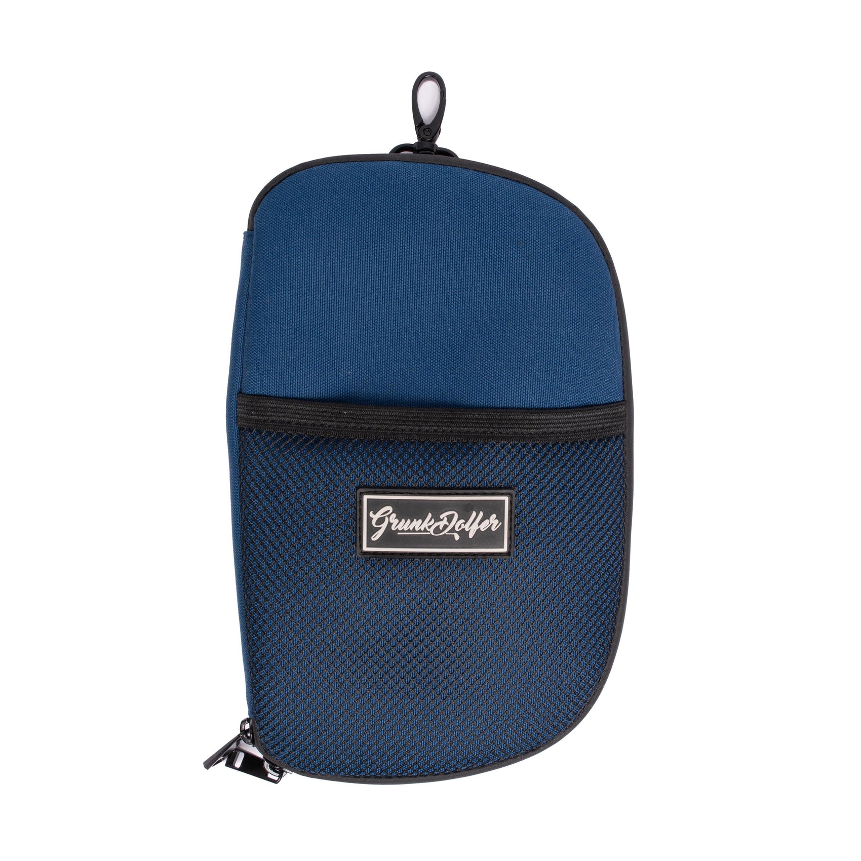 The Grunk Accessory Bag by Grunk Dolfer is a blue pouch with black edges and zipper, a mesh front pocket for golf accessories, and a "Grunk Zeffer" label on the front. A black loop is attached to the top.
