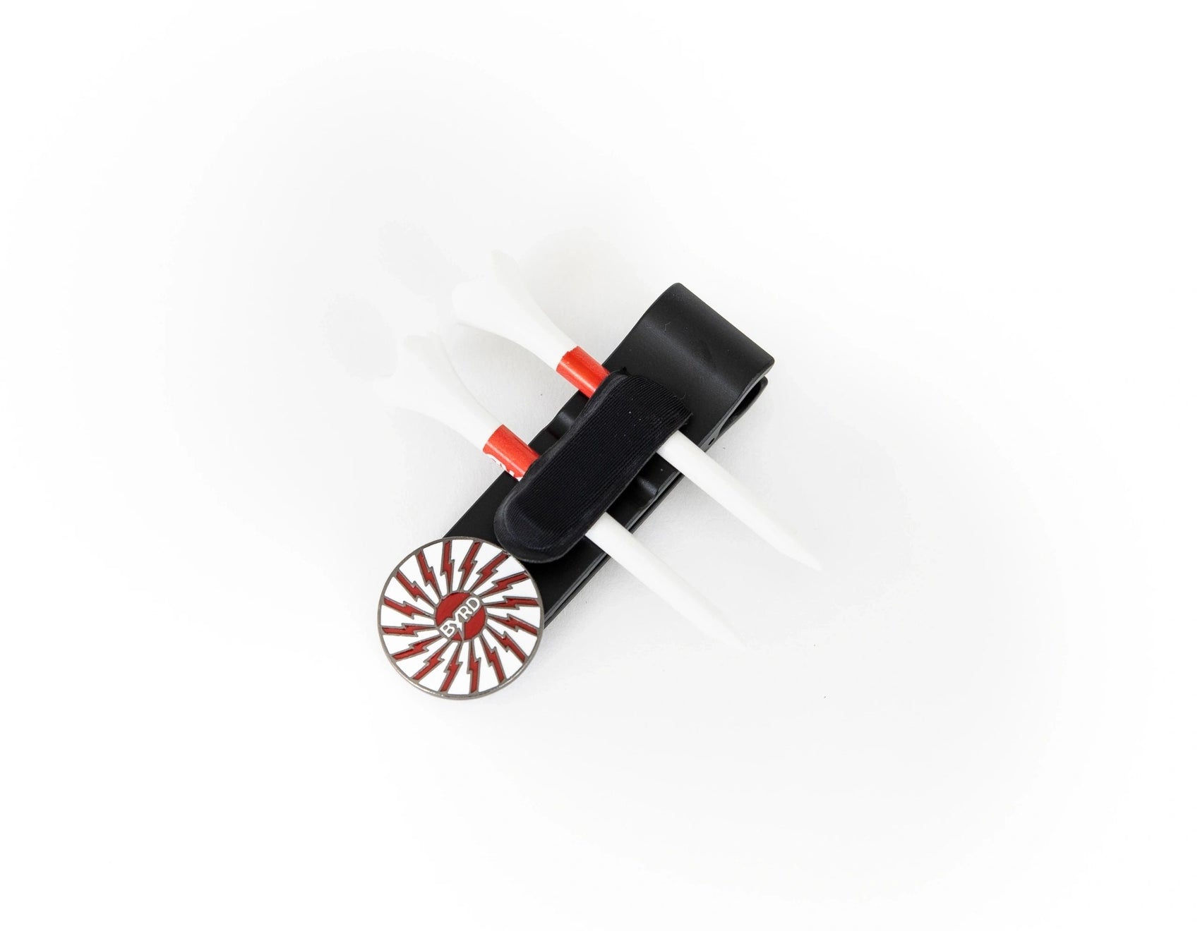 The Byrd, LLC's THE BYRD GOLF CLYP - Black Byrd holds two white tees with red bands and a round ball marker with a red and white sunburst and the number 99, all displayed on a white background.