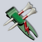 THE BYRD GOLF DIVOT CLYP by The Byrd, LLC features a green tool with a red lightning bolt, holding two white tees with red stripes against a light gray background. Low stock—organize your golf gear and grab yours now!.