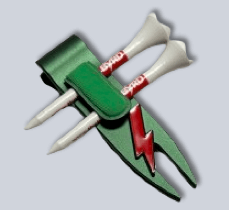 THE BYRD GOLF DIVOT CLYP by The Byrd, LLC features a green tool with a red lightning bolt, holding two white tees with red stripes against a light gray background. Low stock—organize your golf gear and grab yours now!.