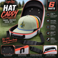 Resting on the grass, the Logie Joe’s Golf Hat Caddy Travel Case displays its hard shell design as it securely holds up to 6 hats stacked inside. Features highlighted include ventilation, a secure zipper closure, an adjustable shoulder strap, and a sturdy handle—all to keep your hats protected and always game ready.