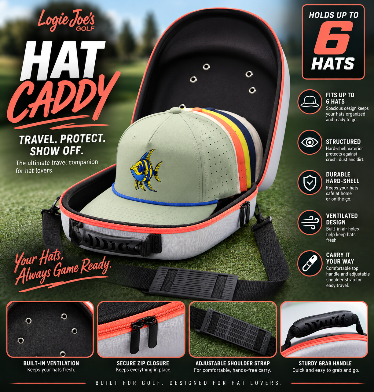Resting on the grass, the Logie Joe’s Golf Hat Caddy Travel Case displays its hard shell design as it securely holds up to 6 hats stacked inside. Features highlighted include ventilation, a secure zipper closure, an adjustable shoulder strap, and a sturdy handle—all to keep your hats protected and always game ready.