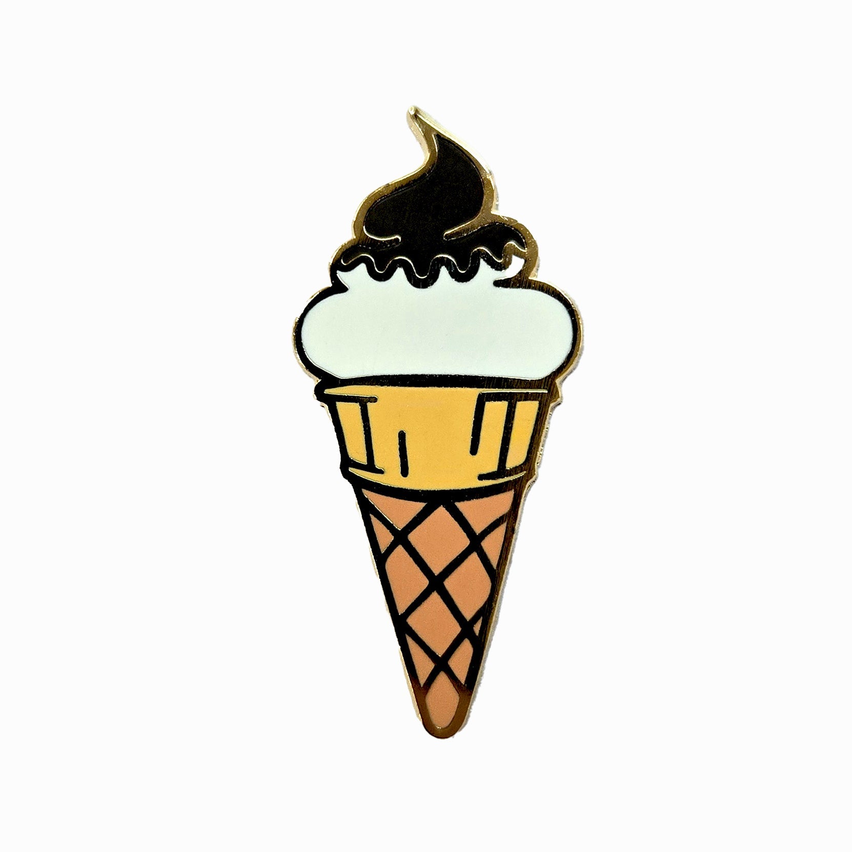 The Kolorspun Ice Cream Cone Golf Ball Marker is a unique enamel pin with a waffle cone and white-chocolate swirl, outlined in black and gold—perfect as a custom golf gift or magnetic ball marker for your next round.