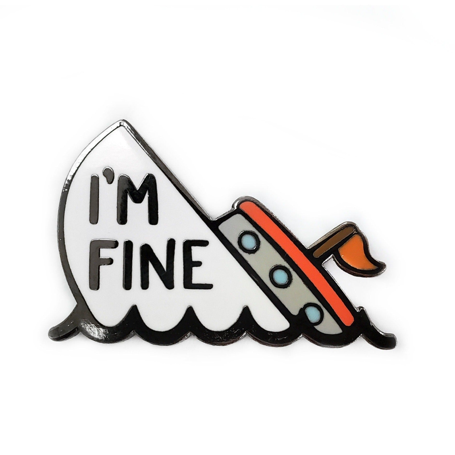 The Kolorspun "I'm Fine Boat" Golf Ball Marker features a sinking ship with "IM FINE" on the hull, offering a quirky, humorous gift or unique golf accessory for those who love playful style.