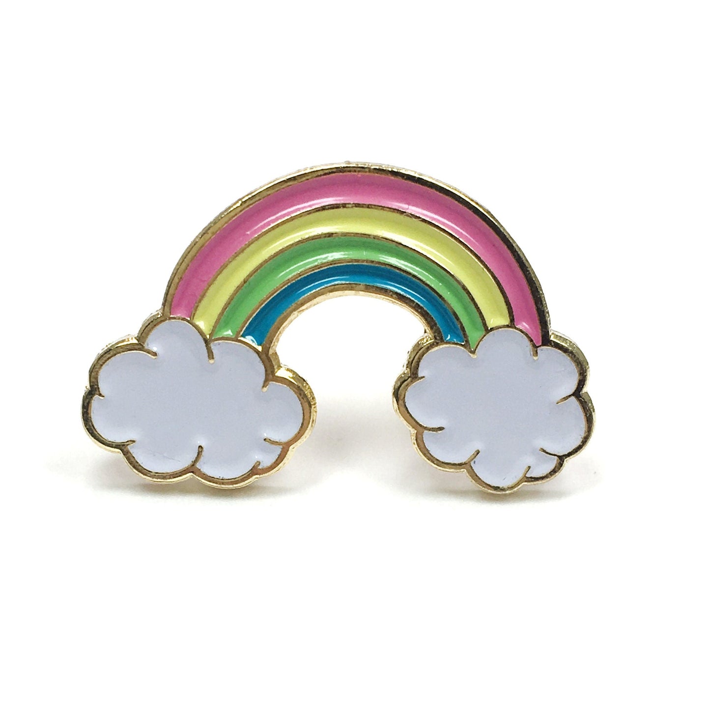 The Kolorspun Rainbow Golf Ball Marker features pastel pink, yellow, green, and blue stripes ending in white clouds with a gold outline—an ideal custom golf gift displayed on a clean white background.