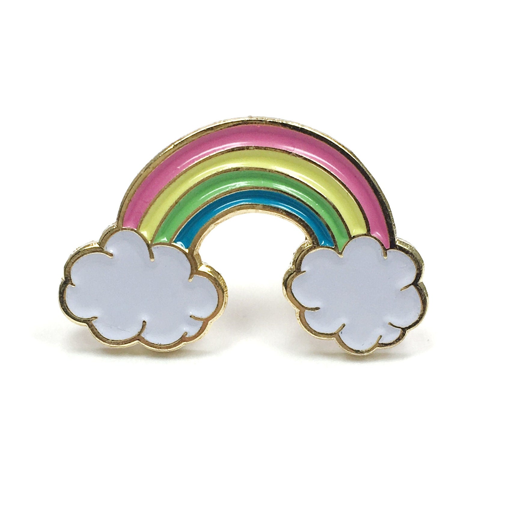 The Kolorspun Rainbow Golf Ball Marker features pastel pink, yellow, green, and blue stripes ending in white clouds with a gold outline—an ideal custom golf gift displayed on a clean white background.