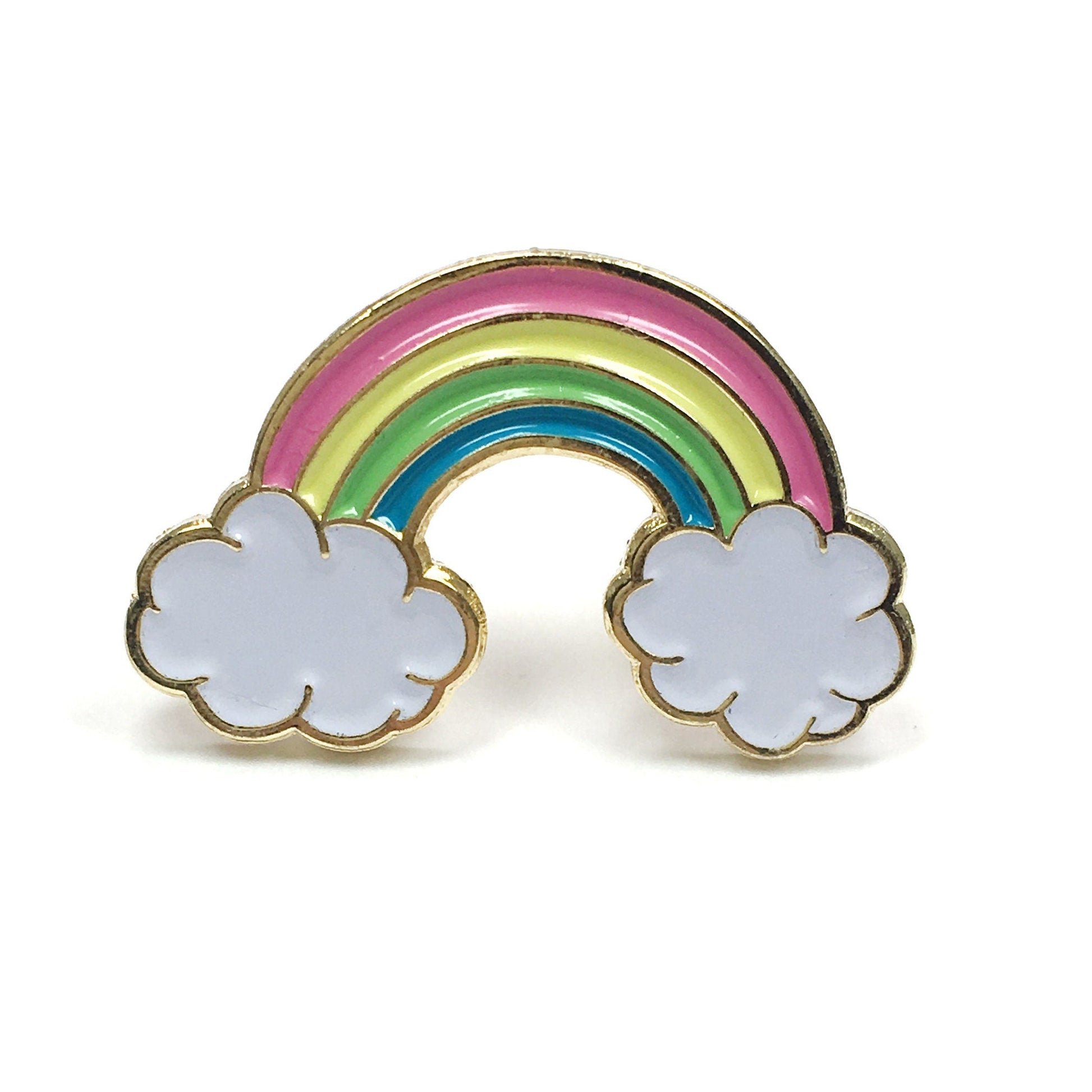 The Kolorspun Rainbow Golf Ball Marker features pastel pink, yellow, green, and blue stripes ending in white clouds with a gold outline—an ideal custom golf gift displayed on a clean white background.