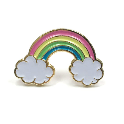 The Kolorspun Rainbow Golf Ball Marker features pastel pink, yellow, green, and blue stripes ending in white clouds with a gold outline—an ideal custom golf gift displayed on a clean white background.