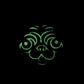 Kolorspun’s Pumpkin Pug Golf Ball Marker features green, stylized line art of a dog’s face glowing against black, with swirling eye, nose, and mouth patterns—like catching light on the course.