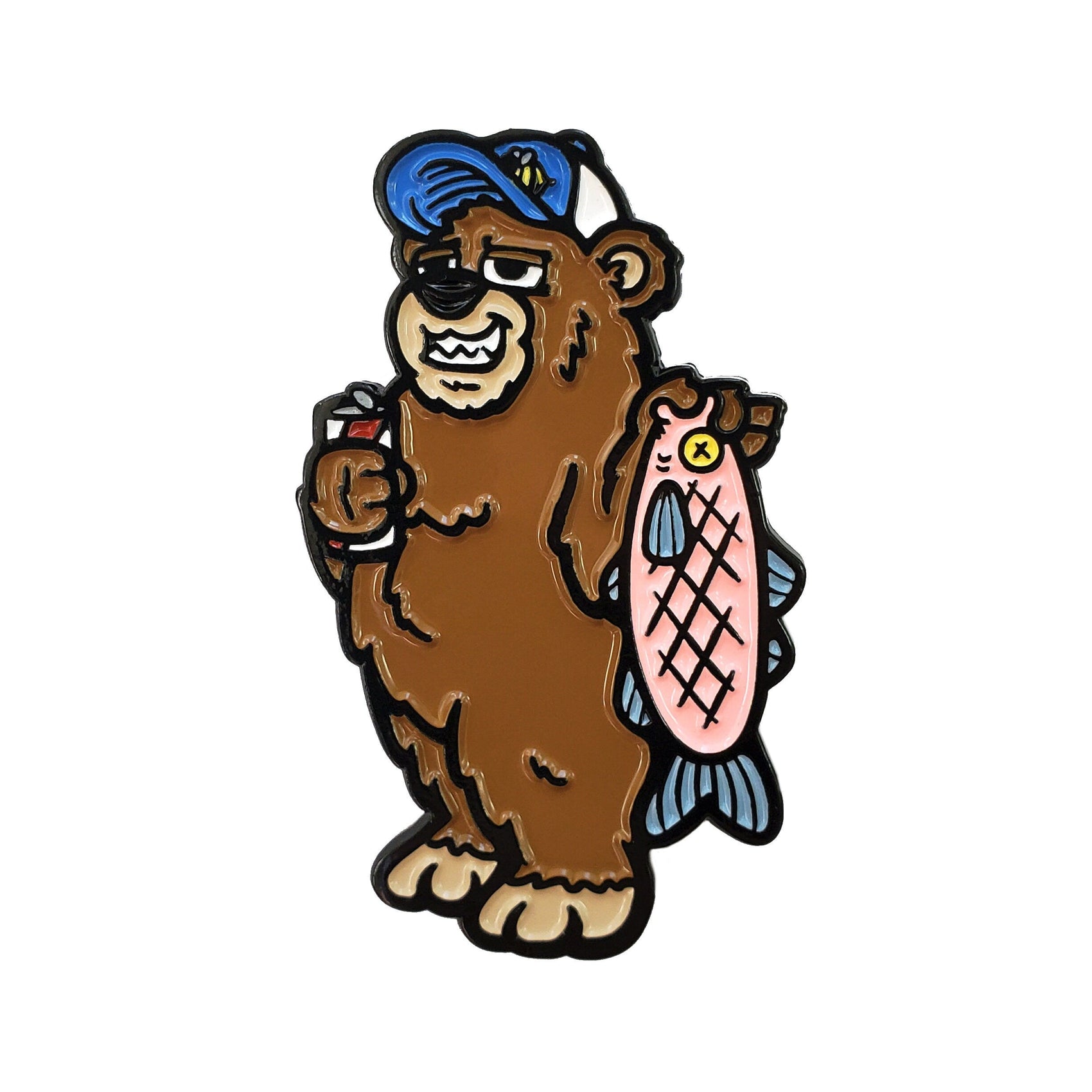 The Kolorspun Fishing Bear Golf Ball Marker features a cartoon bear in a blue cap, holding a sandwich and a pink fish with an X eye—a quirky, unique gift for golfers who love fun character designs.