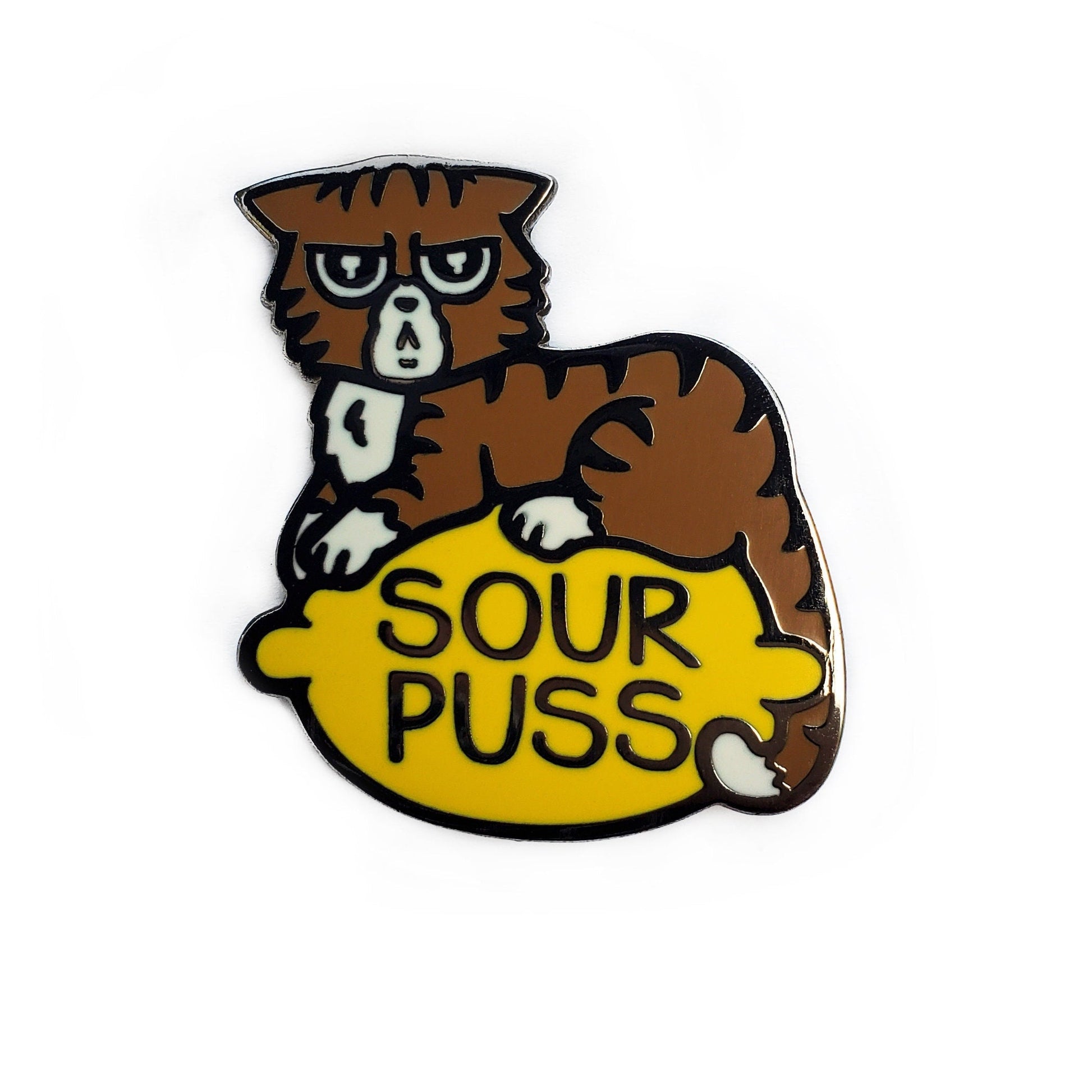 The Kolorspun Sourpuss Cat Golf Ball Marker features a grumpy brown cartoon cat on a yellow lemon labeled "SOUR PUSS" atop a white background—perfect as a quirky, custom golf gift.