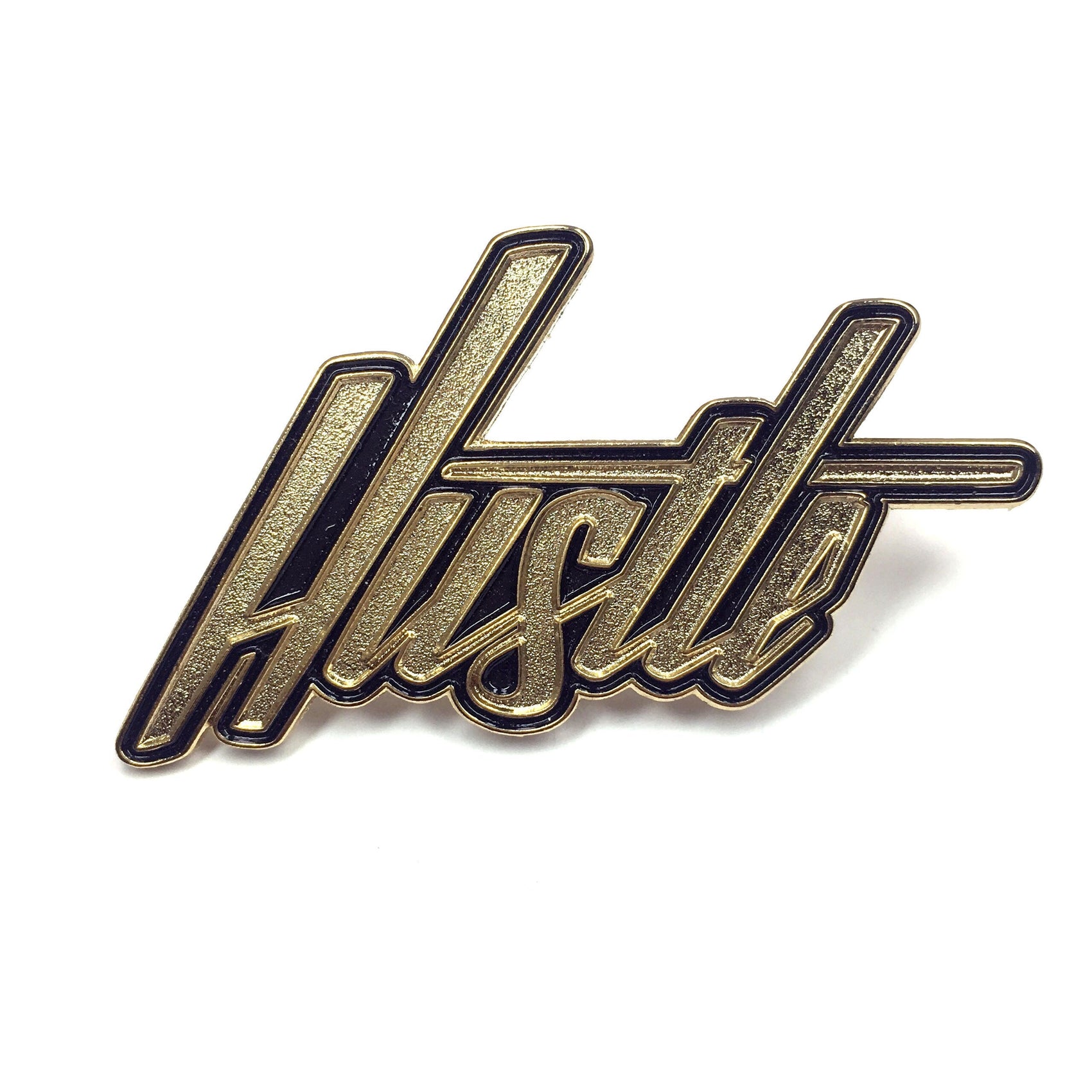 The Kolorspun Hustle Golf Ball Marker features the word "Hustle" in bold, cursive script outlined in black on white—a standout gold accessory perfect for golf enthusiasts or as a custom gift.