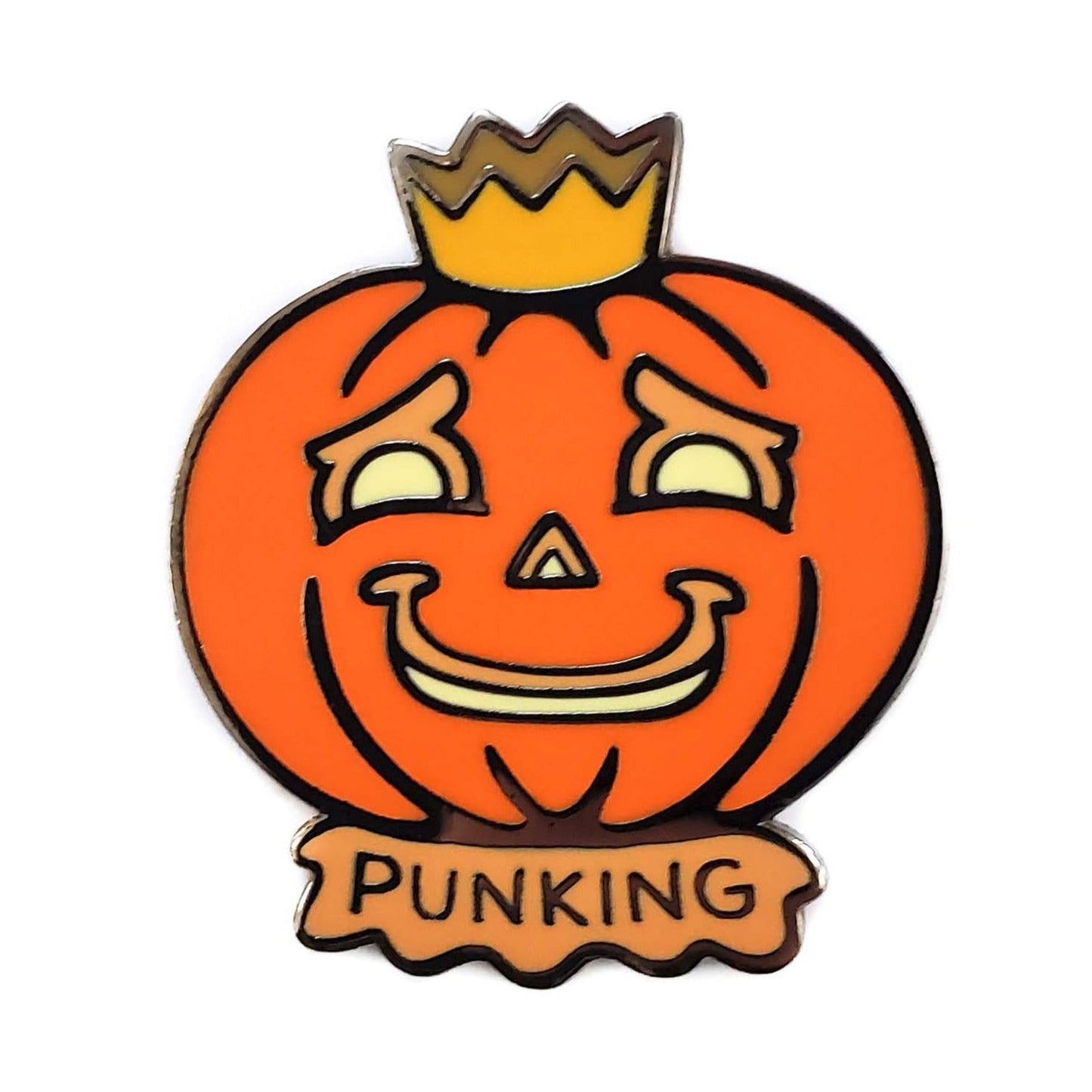 Kolorspun’s Pun King Pumpkin Golf Ball Marker features a cartoon pumpkin with a yellow crown and teary-eyed smile above a "PUNKING" brown banner—perfect whimsical gift or custom marker for fun-loving golfers.