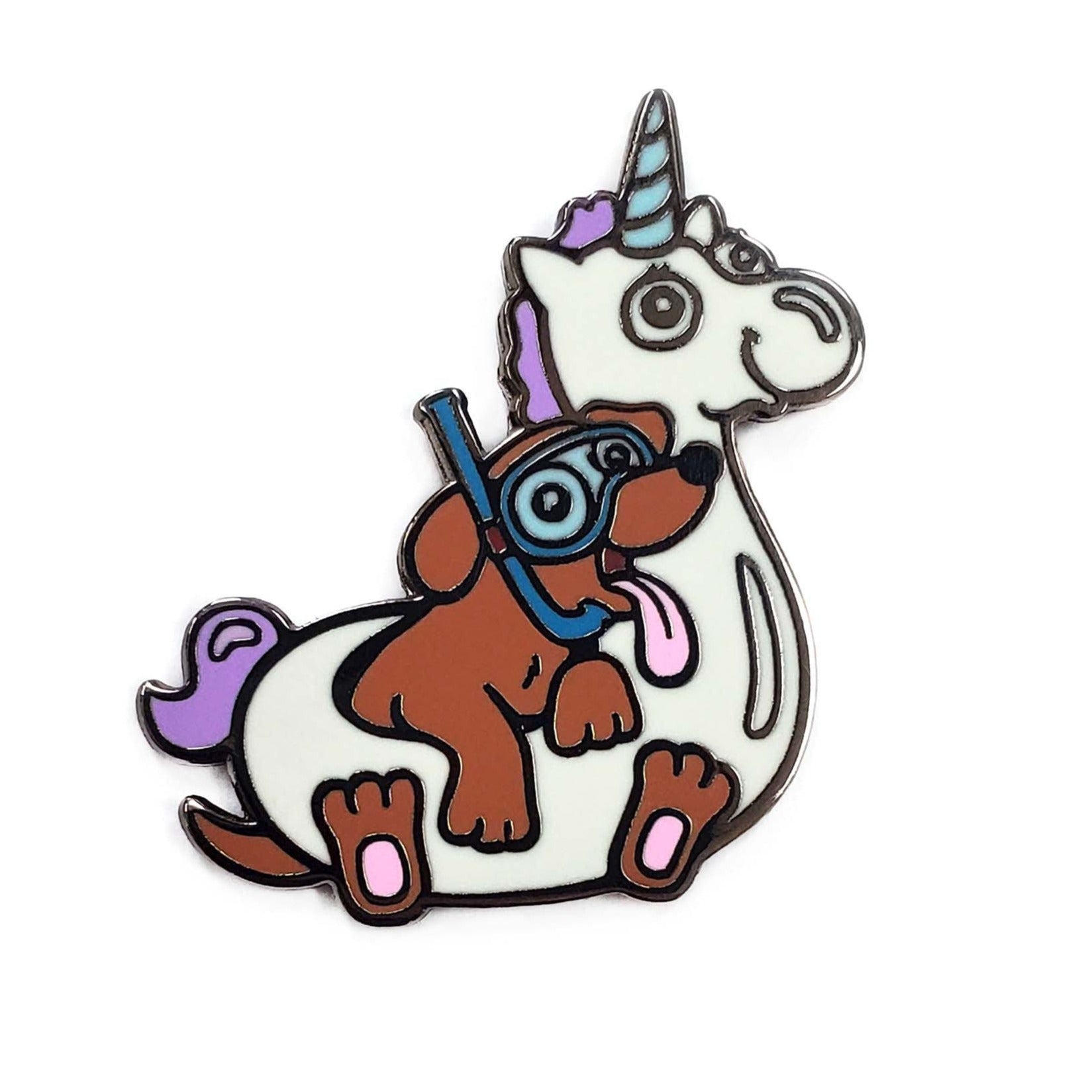 The Kolorspun Pool Puppy Dog Golf Ball Marker features a cartoon brown dog in swim goggles riding a unicorn float with a blue horn and purple mane. This playful marker makes a unique golf gift for any fun-loving player.