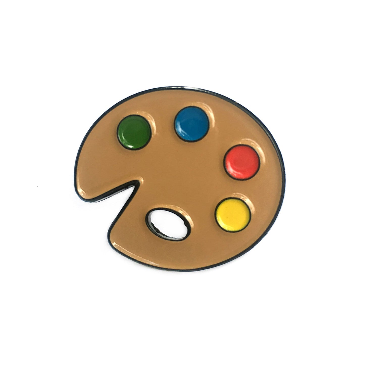 Kolorspun’s Art Paint Palette Golf Ball Marker features four colorful paint spots on a tan palette. This unique painter’s pin doubles as a custom golf accessory, making it an ideal gift for golfers. Shown on a white background.