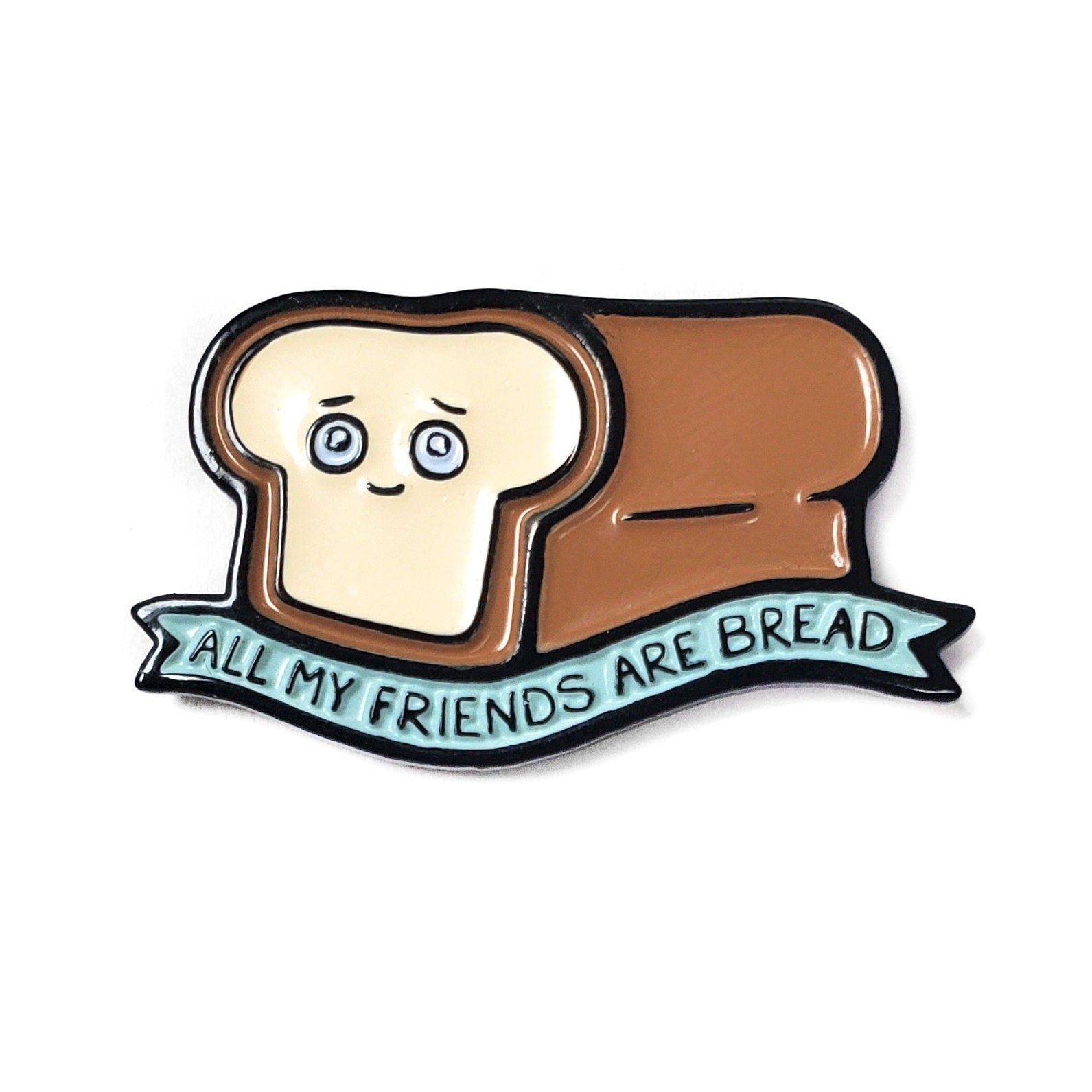 The Kolorspun Bread Friends Golf Ball Marker features a smiling cartoon bread above a blue "ALL MY FRIENDS ARE BREAD" ribbon—perfect as a quirky gift or unique accessory for bread-loving golfers.