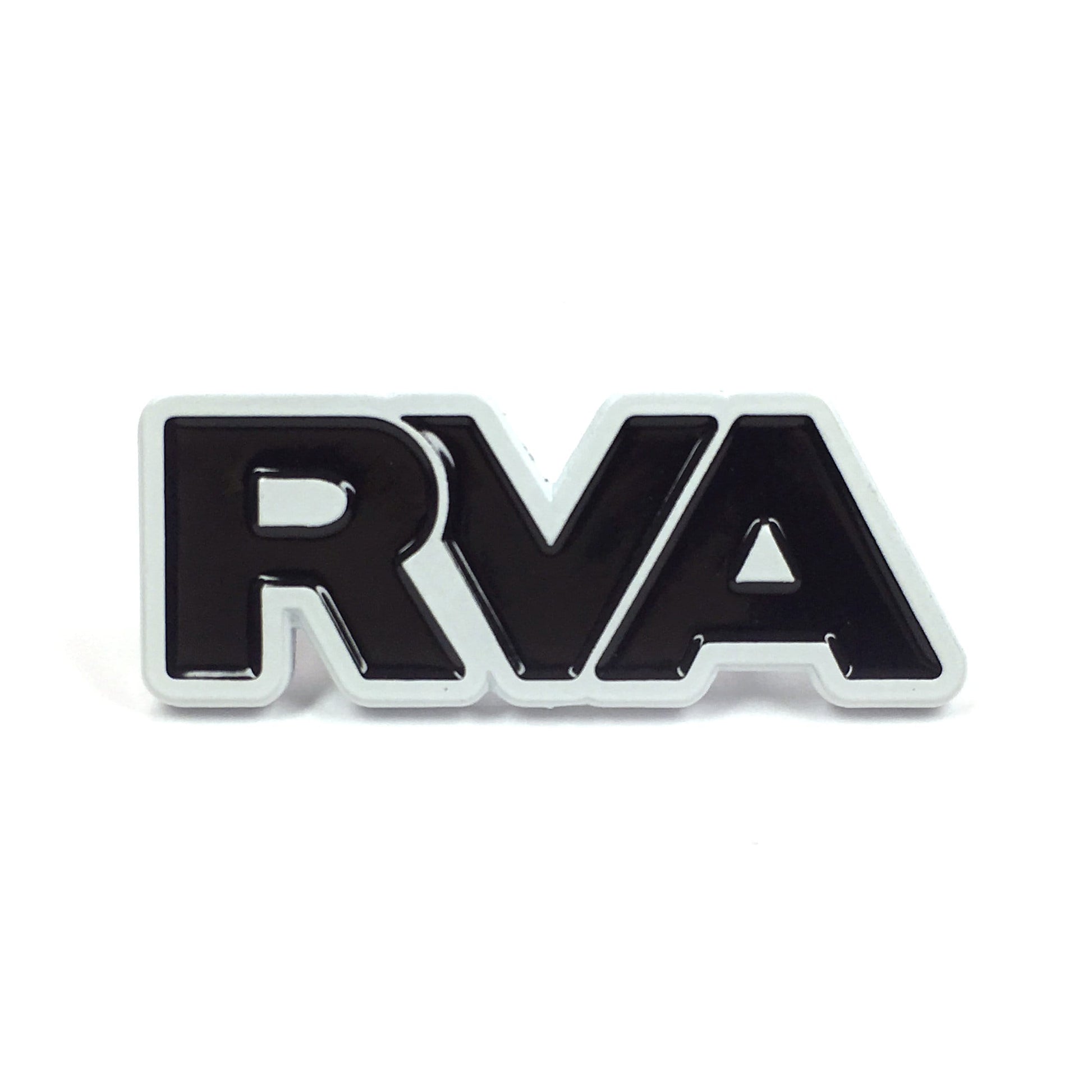 Kolorspun RVA Richmond VA Golf Ball Marker w/ Clip features bold black "RVA" letters outlined in white on a white background—ideal as a custom golf gift or unique magnetic marker.