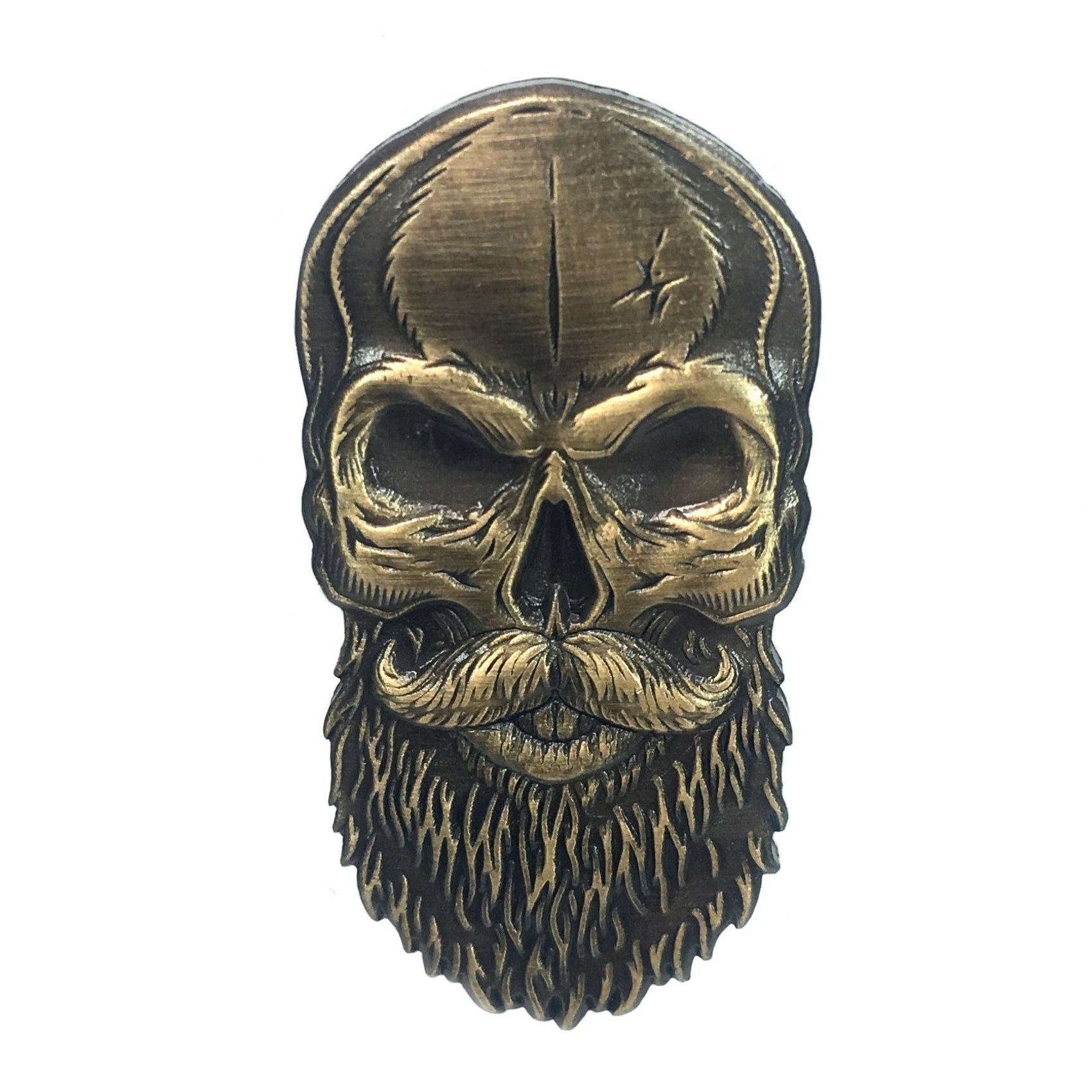 The Kolorspun Beard Skull Golf Ball Marker is a metallic, magnetic marker shaped like a stylized skull with a mustache, full beard, and forehead scar—engraved in detail. It's the perfect golf gift for enthusiasts.