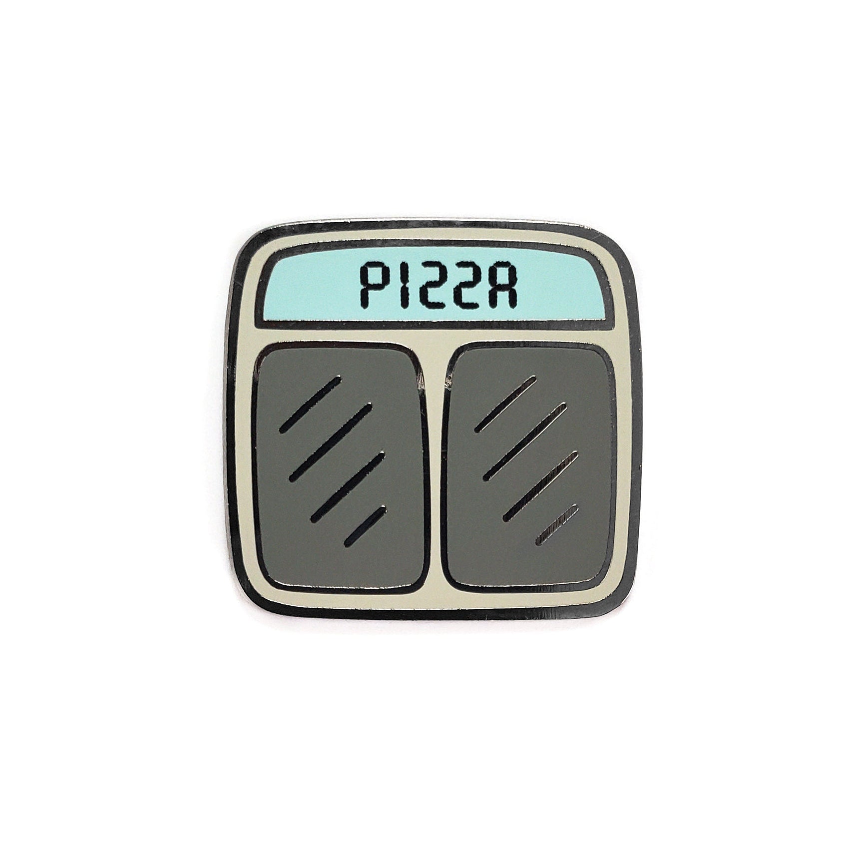 An illustration of the Kolorspun Pizza Scale Golf Ball Marker shows a gray digital bathroom scale with “PIZZA” on its light blue screen and black foot placement lines—a quirky golf gift.