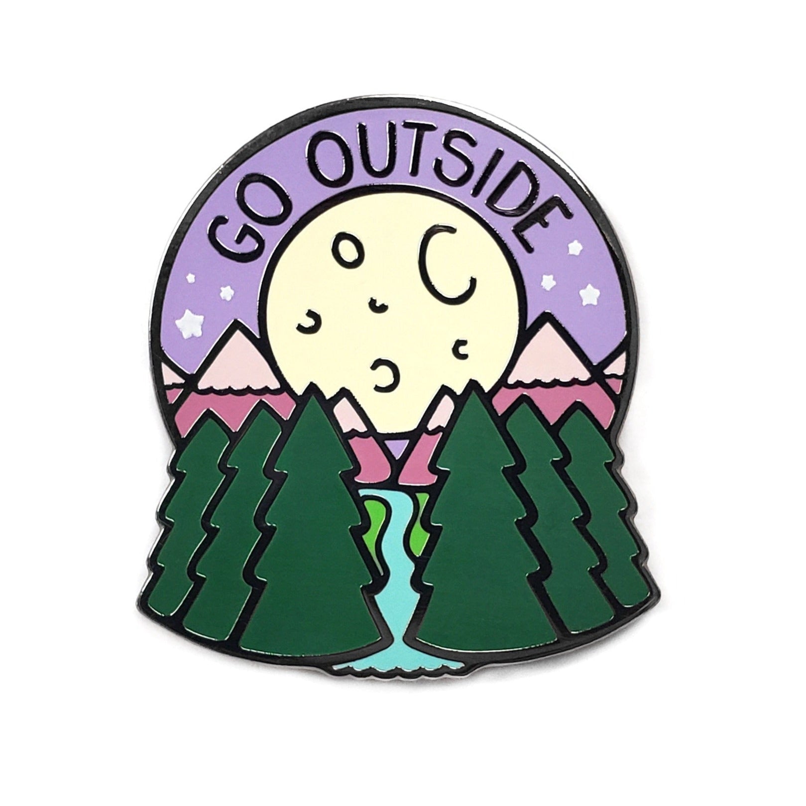 Kolorspun’s Go Outside Golf Ball Marker features a yellow moon above pink mountains, green pines, and a river under a starry purple sky, with “GO OUTSIDE” at the top—a unique illustrated pin and perfect custom golf gift.