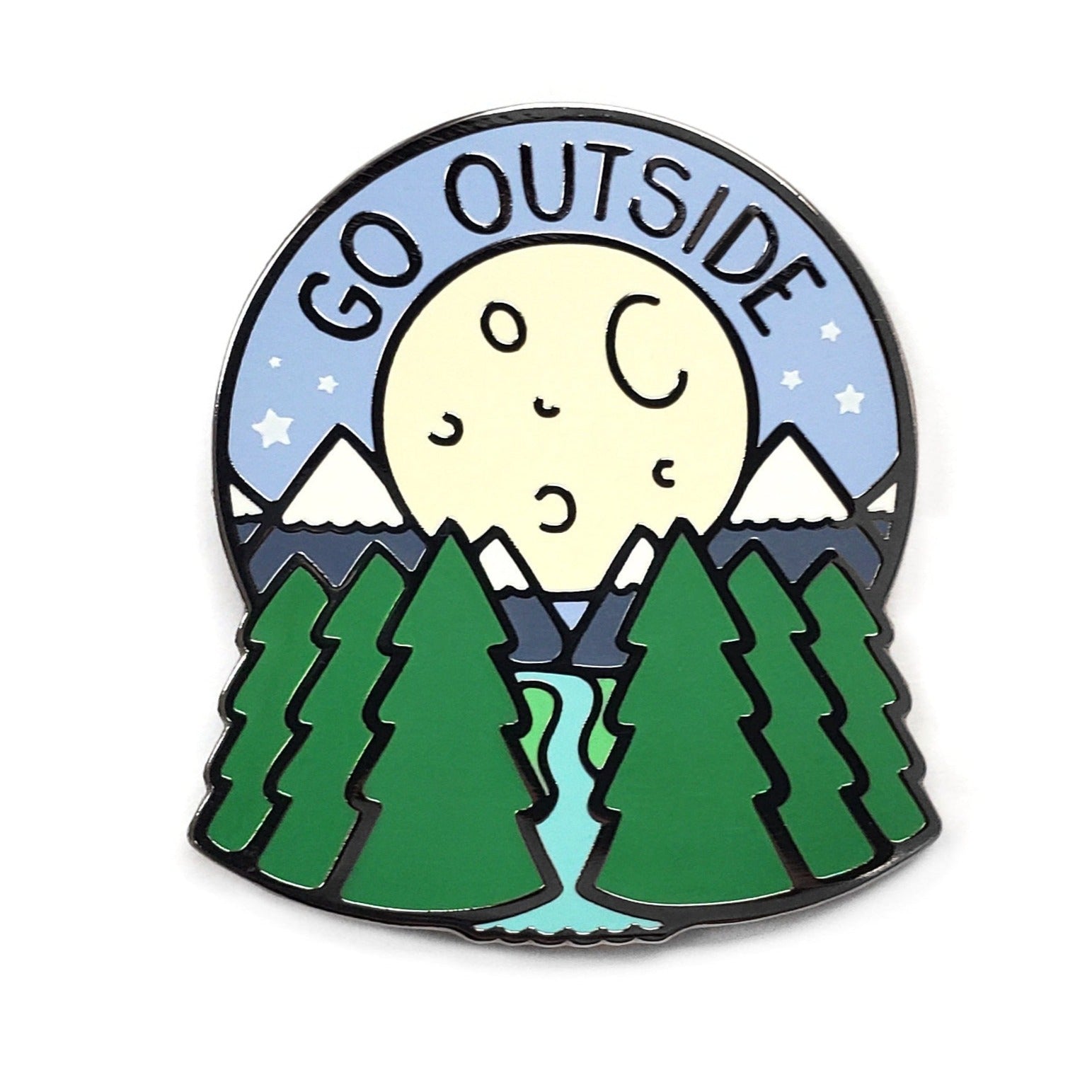 Kolorspun's Go Outside Golf Ball Marker features a full moon over snowy mountains, pine trees, a river, and starry sky with "GO OUTSIDE" at the top—a unique enamel or magnetic gift for nature-loving golfers.