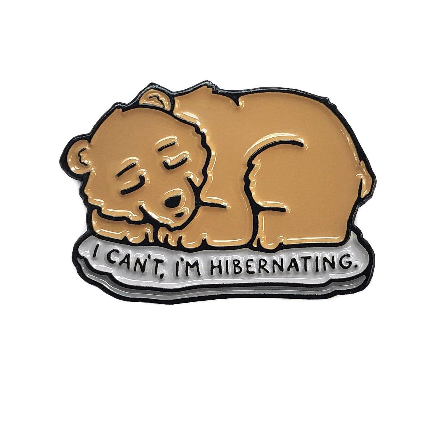 The Kolorspun Hibernating Bear Golf Ball Marker features a cute cartoon brown bear sleeping on gray with "I CANT, IM HIBERNATING."—a unique golf gift for your favorite player or custom ball marker.
