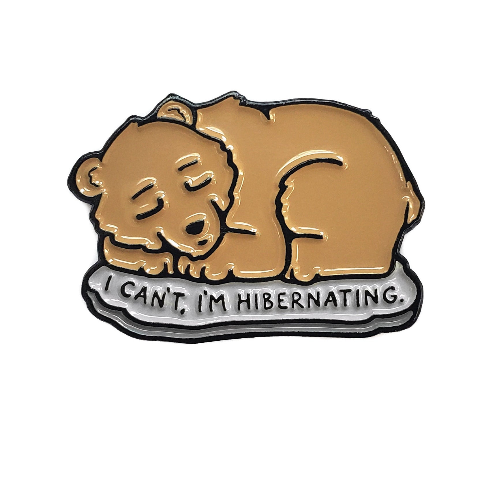 The Kolorspun Hibernating Bear Golf Ball Marker features a cute cartoon brown bear sleeping on gray with "I CANT, IM HIBERNATING."—a unique golf gift for your favorite player or custom ball marker.