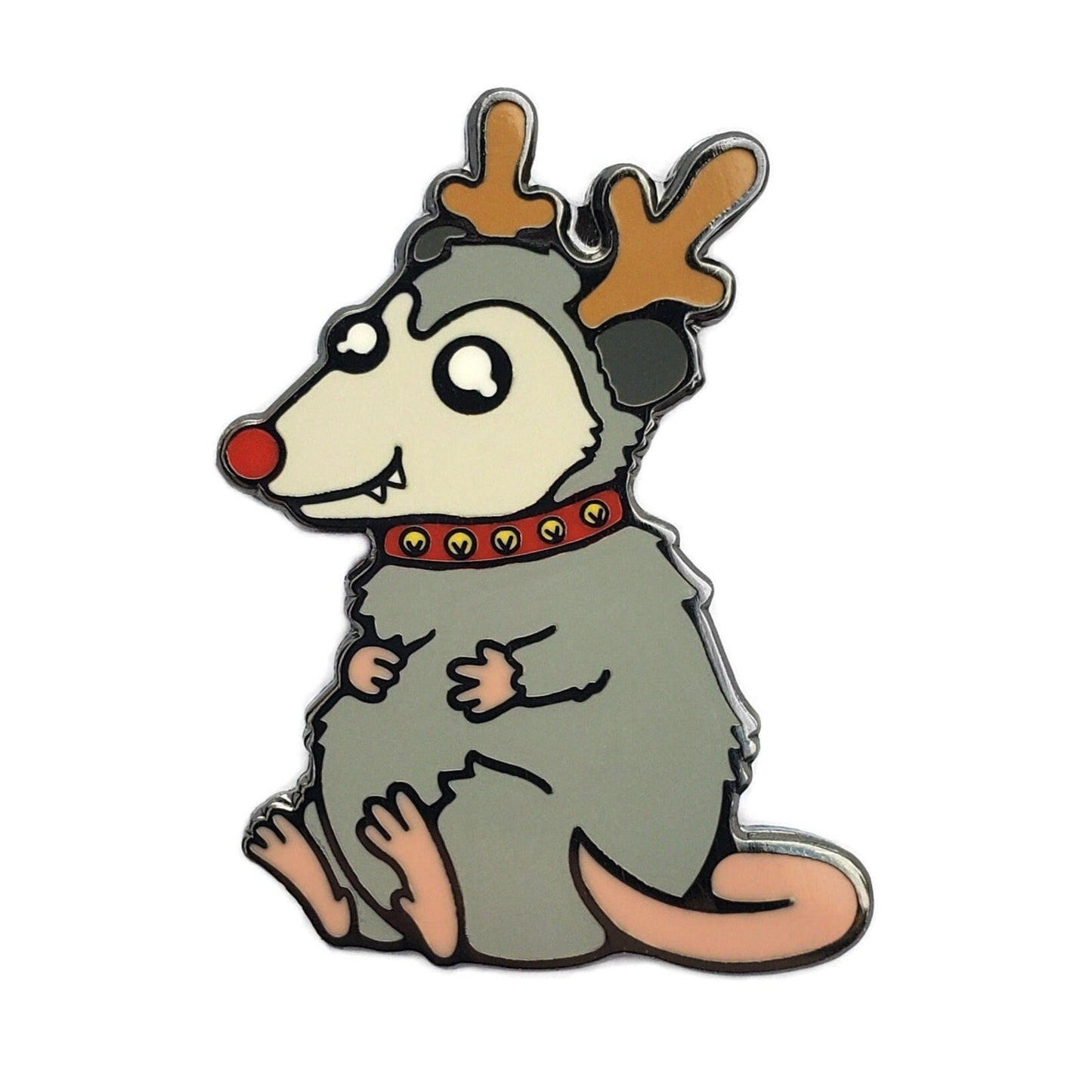 The Kolorspun Possum Reindeer Golf Ball Marker features a cartoon opossum with antlers, red nose, and collar, holding a magnetic golf ball marker—making it the perfect custom golf gift.